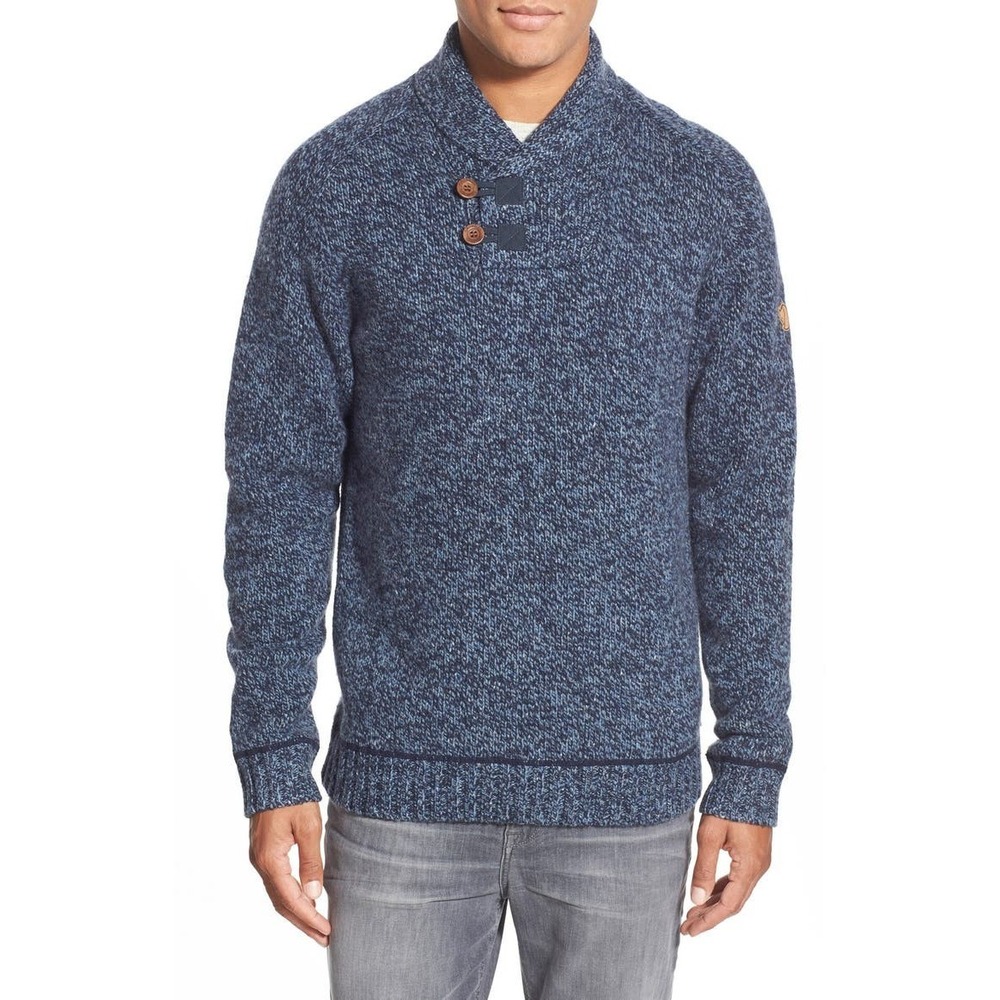 Fjallraven Lada Wool Sweater Men's Size XL Blue Shawl Collar Knit Jumper *